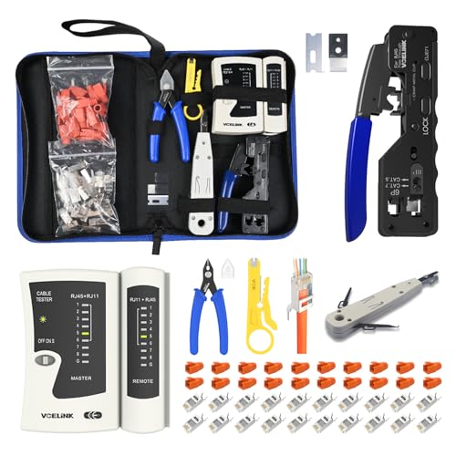 VCELINK GJ671 Kit de Crimpadora RJ45 Profesional Compatible con CAT7/CAT6A/CAT6/CAT5E/CAT5, Incluye Comprobador RJ45, Pelacables, Conectores RJ45, Impacto RJ45, Alicates de Corte, Hojas de Repuesto