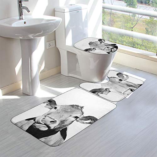 Beauty-Design Kuh Foto schwarz und weiß Badteppich Set 3-teilig rutschfest saugfähig Badteppich U-Form WC-Vorleger länglich WC-Deckelbezug – Bild 4
