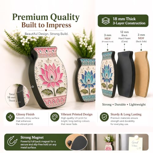 Image of Regalo Casila Magnetic Artificial Flower Vase Fridge Magnets Set of 2 Lotus Kundan Art Indian Ethnic Decorative Refrigerator Kitchen Home Office Decor Housewarming Gift