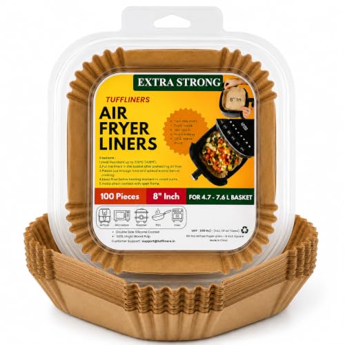 Image of Square Air Fryer Paper Liners 8 Inch, 100 Sheets, Silicone Coated, 100% Virgin Wood Pulp, Oil & Water Proof, Shape Retaining, Non-Stick Disposable Parchment Paper for 4.7-7.6L Air Fryers