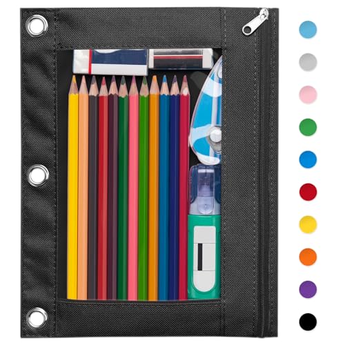 Forvencer Pencil Pouch for 3 Ring Binder Large Pencil Case Pouch with 3 Reinforced Grommets Pen Bag Clear Window Pencil Case Binder Accessories Black
