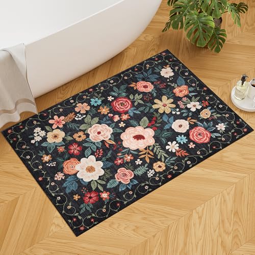 Image of DUKINO 2x3 Rugs for Entryway, Floral Indoor Washable Door Mat, Non Slip Boho Small Rug for Kitchen, Soft Low Pile, Front Door Throw Rug for Entrance, Bedroom, Kitchen, Laundry, Bathroom, Black