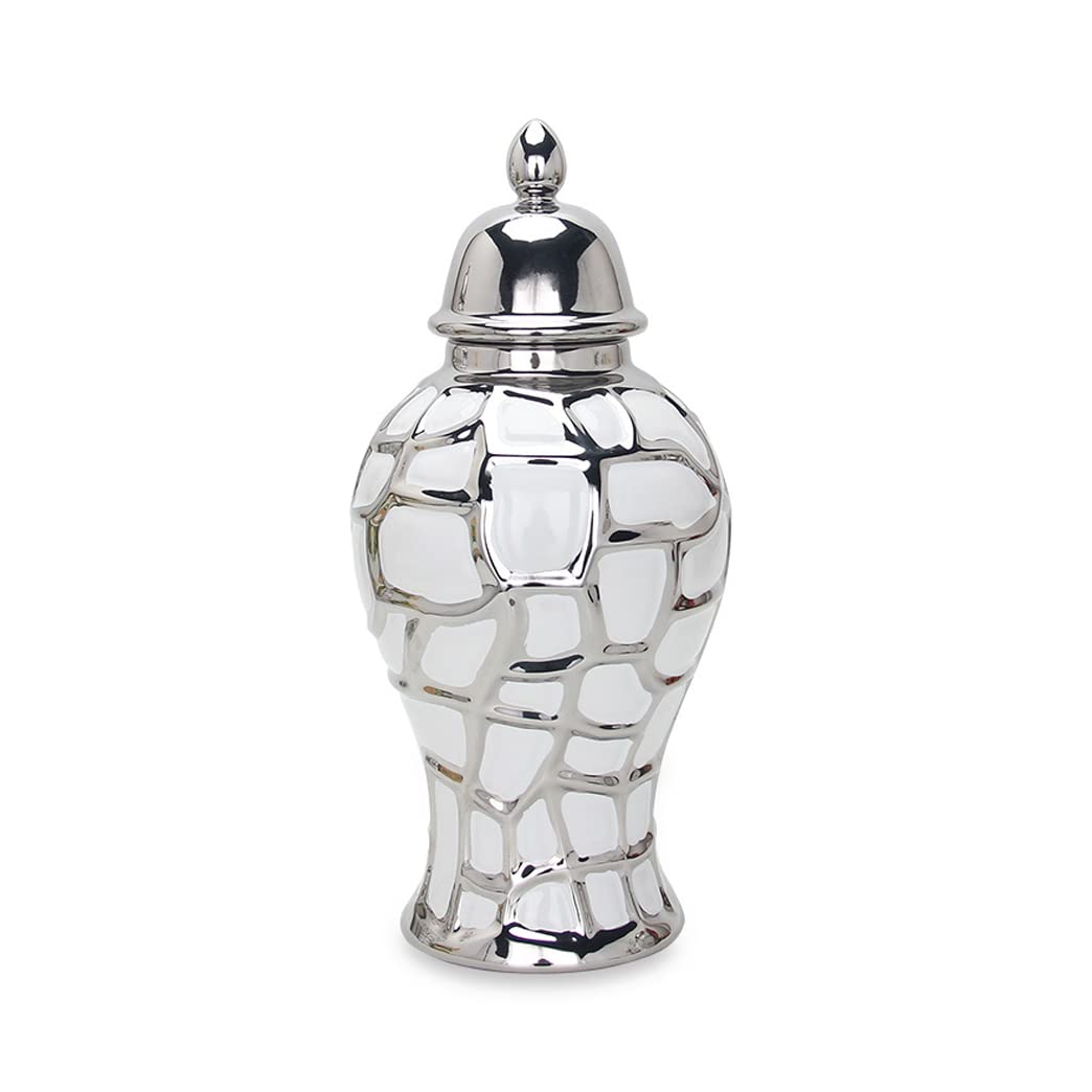 asdchZen Silvery Ginger Jar Vase With Lid Ceramic Ginger Vase Decorative Porcelain Temple Jar With Lids Flower Vases Decor Centerpiece Table Home Kitchen Dining Decorations S,Medium