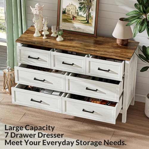 LYNSOM-Farmhouse-7-Drawers-Dresser-for-Bedroom-Wood-Rustic-Wide-Chest-of-Drawers-with-Deep-Drawers-Metal-Handle-Storage-Dressers-Organizer-for-Entryway-Hallway-Antique-White LYNSOM Farmhouse 7 Drawers Dresser for Bedroom Wood Rustic Wide Chest of Drawers with Deep Drawers Metal Handle Storage Dressers Organizer for Entryway Hallway Antique White
