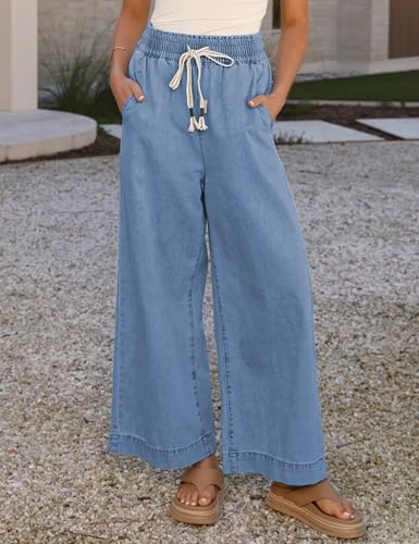 Springrain Wide Leg Jeans for Women High Waisted Elastic Drawstring Baggy Denim Pants with Pockets4