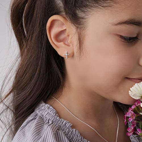 Precious Pieces Children's First Communion, Baptism or Christening Sterling Silver Cross Screw back Earrings with CZ2