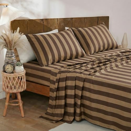 Image of Merryword 100% Cotton Sheet Set Queen Size - Brown and Khaki Stripes Bedding, Soft Breathable Percale Weave, Wide Stripe Deep Pocket Sheet 17.5 inch, Luxury Linen Like, 4-Piece All Season Bedding