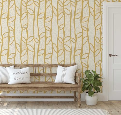 Papel pintado de árbol abstracto moderno vinilo amarillo autoadhesivo 63x152 cm S4sassy 3