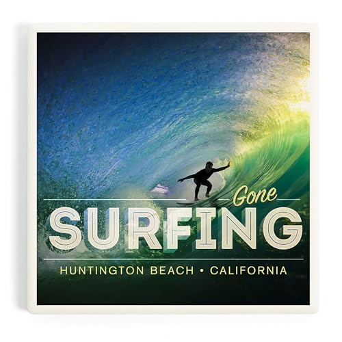 Lantern Press Huntington Beach, California, Surfer in Wave, Gone Surfing (Absorbent Ceramic Coaster,...
