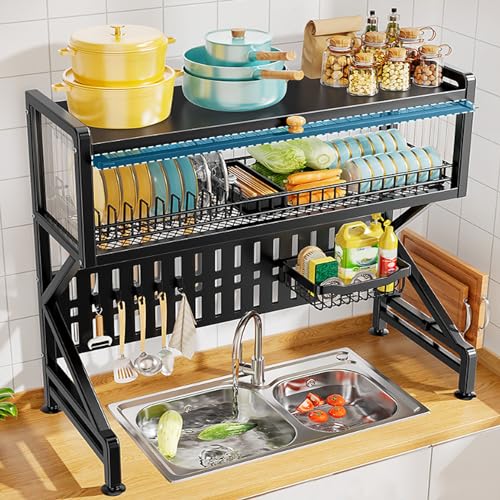 LYGXWJFC Égouttoir à Vaisselle sur évier, égouttoir à 3 Niveaux avec Support à ustensiles et Rangement pour Planche à découper, Organisateur de Cuisine Peu encombrant pour Une Utilisation Efficace de