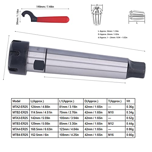 MTA ER25 Collet Set Collet Chuck Extension Rod Carbon Steel Clamping Holder Tool Set Kit with ER25 Wrench for CNC Milling Lathe(MTA4-ER25-M16) - Image 2