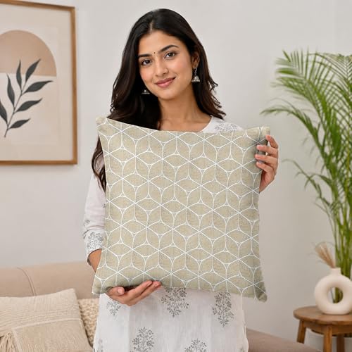 Image of Divine Casa Pluto Cushion Covers Set of 5 Beige | 16x16 Inch Jacquard Patchwork Design Cushion Covers | Decorative Throw Pillow Covers for Sofa & Couch