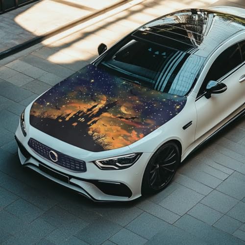 Image of Car Hood Cover Protector Halloween Spooky Castle Print Waterproof Car Hood Wrap Blanket Auto Flag Automotive Halloween Exterior Accessories for Sedans SUVs Pickups Trucks Jeeps