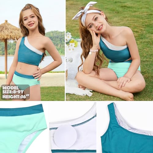 Image of Mirawise Girls Swimsuit One Shoulder Metallic Patchwork Neckline Bathing Suit 2 Piece Bikini