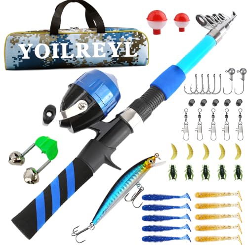 Yoilreyl Collapsible Telescopic Fishing Rod and Reel Combo Push Button Small Fishing Pole Kit Beginner Youth Boys Fishing Starter Set Tackle(Casting Rod,5.91FT)