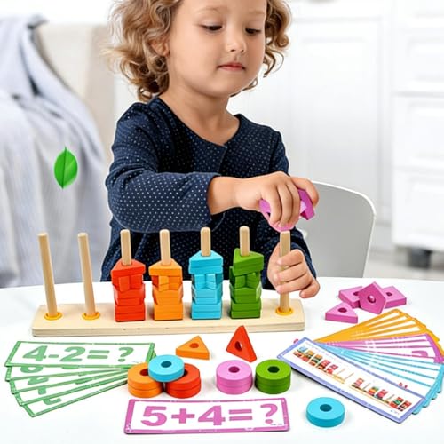 Jeux de tri et d'empilement en bois pour motricité fine préscolaire