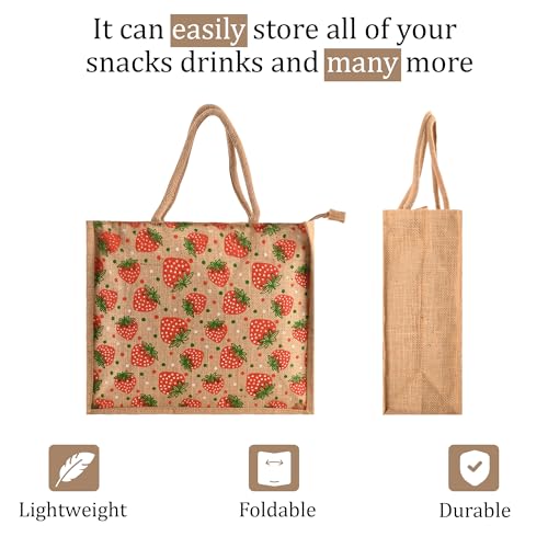 Image of Kuber Industries 2 Pcs Jute Shopping Bag for Women with Handle | Reusable Carry /Shopping Bag for Grocery, fruits & Vegetable | Strawberry Print - Brown