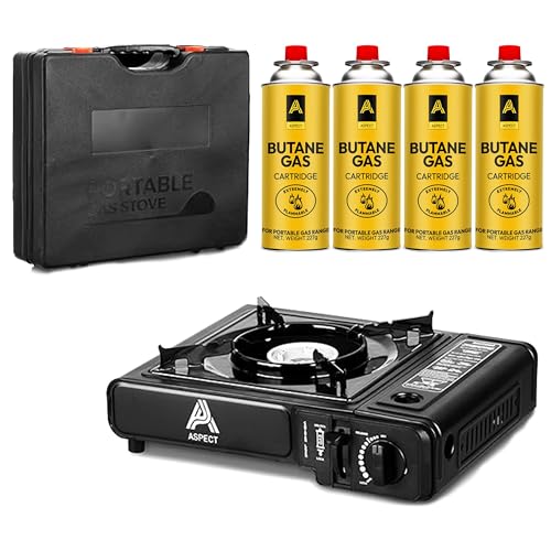 Aspect Camping Stove Portable With 4 Butane Gas Camp Kitchen Equipment Single Burner Outdoor/Indoor – Camping Stove with Automatic Ignition & Heat Control – Cooking Grill, Picnics, BBQ – Black