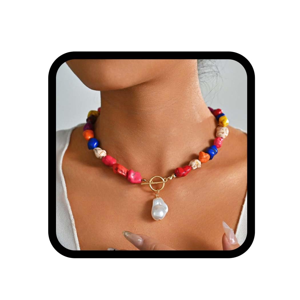 Reaky Collares bohemios, collar turquesa con colgante de perlas, joyería de verano para la playa para mujer, Plástico