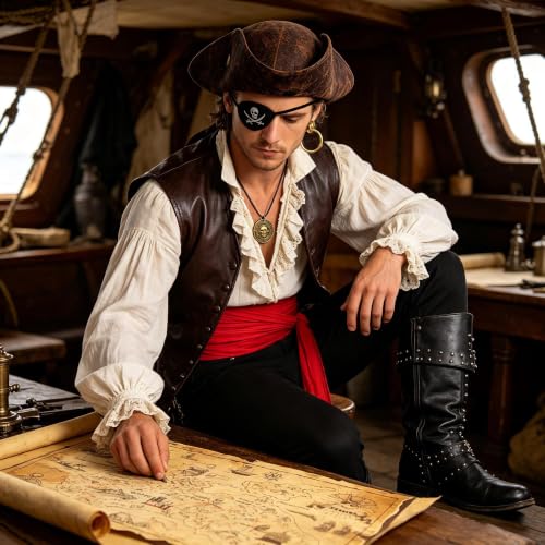 WooHand 7PCS Pirate Accessories Set with Tricorn Hat for Men and Women by WooHand - Used condition - Image 2