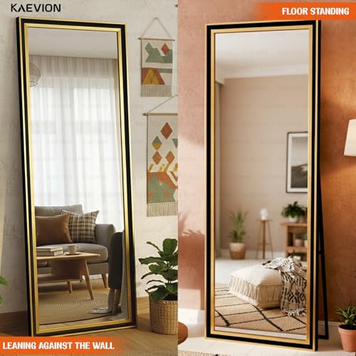 Image of Full Length Chavel Mirror, 5.25 Feet Standing, Leaning, Wall-Mounted or Floor Mirror with Black & Golden Frame, Rectangular 5MM HD Glass Mirror for Bedroom, Living Room or Home Dcor