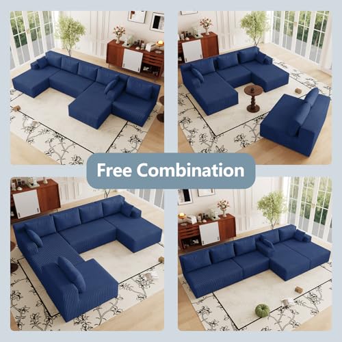 Image of 160 inch W Modular Sectional Sofa,Modern U-Shaped Cloud Couch with Deep Seat,Comfy Corduroy Sofa for Living Room,No Assembly (Blue)