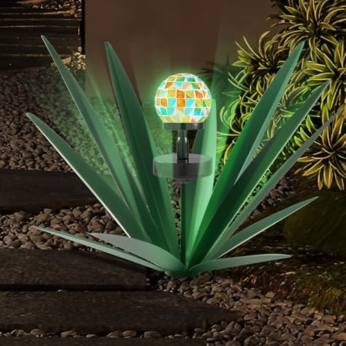 Image of TOMBABY Solar Rustic Garden Style Metal Agave Plants Outdoor Patio, Home Decor Hand-Painted Metal Agave Garden Patio Statues, Suitable for Desert Areas, Outdoor Lawn Decorations (3 Solar Green)