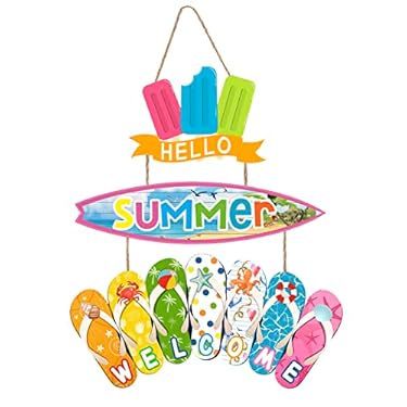 AMAZON - Hello Summer Welcome Hanging Sign, Wood Ice Lolly Surfboard Flip Flop Sign Hanger, Surfboard Slippers Summer Decor, Summer Decorations for Home, Front Door, Yard, Beach, Outdoor