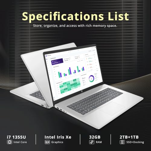 Image of HP 17.3 inch FHD Business Laptop, Intel i7-1355U, 32GB RAM, 3TB Storage (2TB SSD+1TB Docking Station Set), Intel Iris Xe Graphics, Copilot, Numeric Keypad, Wi-Fi 6, Webcam, Windows 11 Pro, Silver
