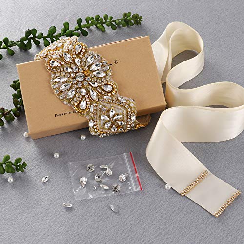 Yanstar Handmade Gold Rhinestone Crystal Wedding Bridal Belt Sash With Black Ribbon Sashes for Evening Party Prom Bridesmaid Dress