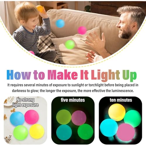 Image of Glow-in-The-Dark Sticky Balls for Kids, Stress Balls for Wall & Ceiling Play | Ceiling Ball for Adults Stress Relieving & Decoration, Party Games & DIY Crafts | Glowing Sticky Ball Toy Set