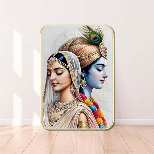 Image of SAF Radha Krishna Divine Couple Wall Art | Elegant White Spiritual Painting on MDF Board | Hindu God & Goddess Love Theme Wall Hanging for Home Temple Pooja Room Decor (13 x 19 inch) MG01-1034