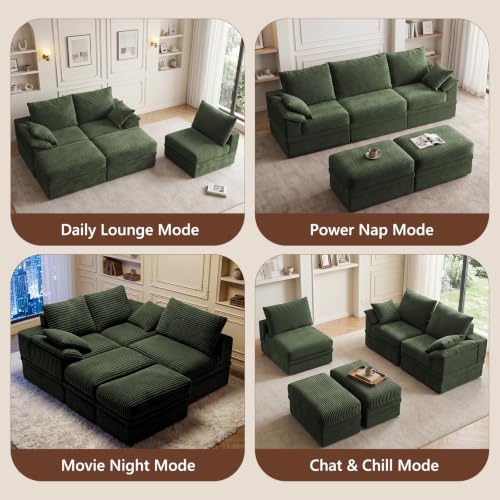 107" Modular Sectional Sofa Boneless Couch with Storage,U-Shape 3 Seat Comfy Modern Cloud Couch Sofa with Ottoman, 27" Deep Seat Corduroy Sofa for Living Room, Tool-Free Assembly - Green - image 6