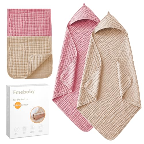 Image of Fmebaby Hooded Baby Towels for Newborn 2 Pack, 36x36 Inch Muslin Cotton Baby Bath Towel and 2 Pack Washcloths for Babies, Toddler and Kids, Soft and Absorbent Newborn Essential(Pink and Apricot)
