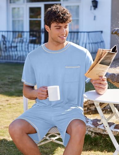 Image of Ekouaer Men's Pajamas Set Casual Short Sleeve Shirts and Shorts Soft 2 Piece Loungewear With Pockets