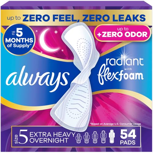 Always Radiant Feminine Pads for Women, Flexfoam Pads with Wings, Size 5, Extra Heavy Overnight Absorbency, Lightly Scented, 54 Count (3 Packs of 18) - image 1