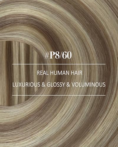 Image of YoungSee Human Hair Clip in Extensions Light Brown with Blonde Highlights Clip-in Hair Extensions, Short Straight Hair Extensions Clip ins for First-time Users 12 Inch 7Pcs 85G