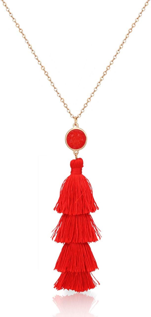 LENOOCLELENOOCLE Layered Tassel Pendant Necklace Tiered Thread Fringe Druzy Necklace Long Necklaces Sweater Chain Christmas Jewelry Gift for Women Girls