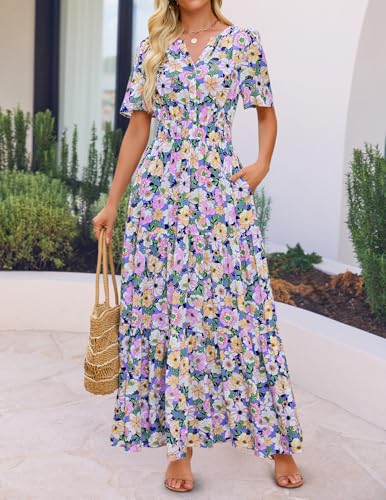 Image of ZESICA Women's 2026 Summer Spring Floral Boho Maxi Dresses Casual Short Sleeve V Neck A Line Flowy Beach Vacation Dress