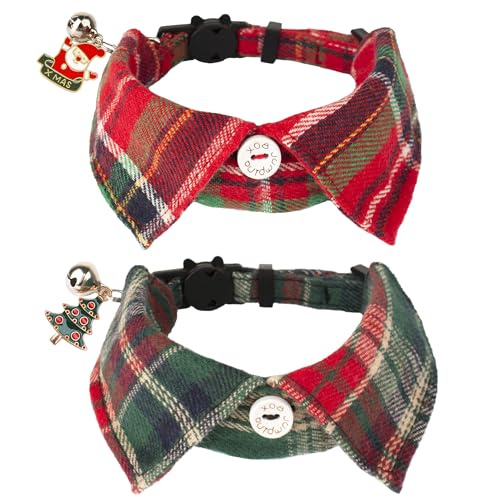 ADOGGYGO Christmas Cat Collars Breakaway with Bow Bell 2 Pack Stylish Red Green Plaid Xmas Kitten Collar with Removable Shirt Collar Plaid Christmas Collars for Cats Kittens