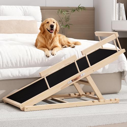 Chuiendi Dog Ramp for High Bed, Couch, Car, Pet Ramps 55.12" Long Adjustable 19.7"-27.6" Wooden Dog Step with High Traction Mat & Safety Side Rails for Small Medium Large Older Pets, up to 250 lbs