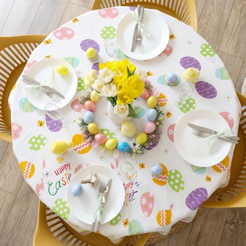 Image of Hahafelt 3 Pcs Spring Easter Plastic Round Tablecloth 84 Inch Colorful Egg Disposable Table Cover Pastel Bunny Flower Watercolor Egg Circular Table Cloth for Spring Easter Birthday Party Decoration