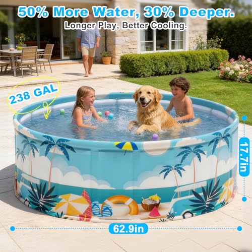 Image of Foldable Swimming Pool for Kids 62.9 inchx17.7 inch Hard Plastic Portable Dog Pool Anti-Slip Collapsible Pets Bathtub Kiddie Pool Indoor Outdoor Backyard (Beach Party 63'')