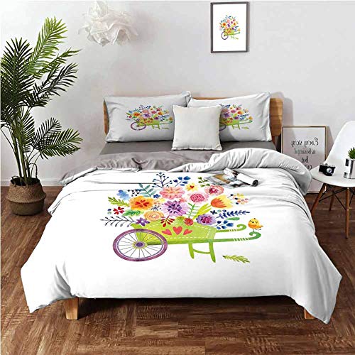 DRAGON VINES 4 Bedding Cover Set Duvet Cover Twin XL Sheet Wheelbarrow Full of Flowers Botanical Gardening Plants Agriculture Watercolor Art Multicolor Bright Color W68 xL90