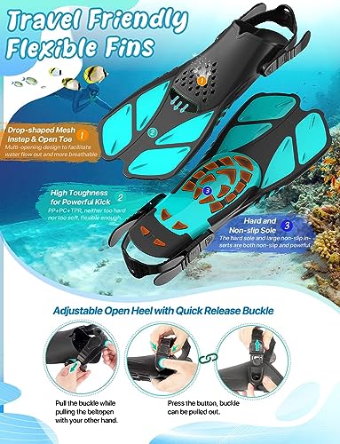 Zenoplige Snorkel Set Adults with Flippers, Snorkel Mask with Adjustable Swim Fins - Image 4