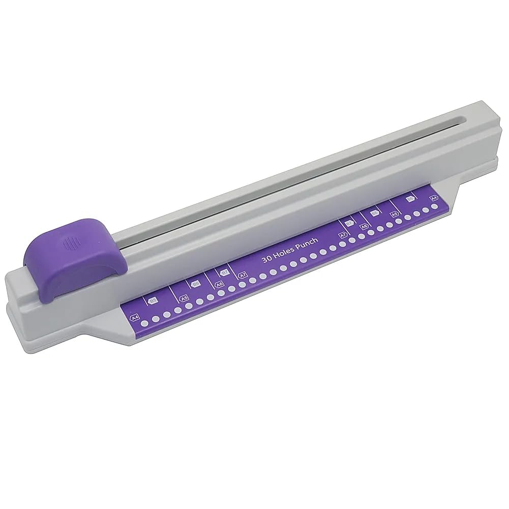 1 perforadora de papel de 30 agujeros, ligera, con 30 agujeros, plástico violeta, 30 agujeros, A4, B5, A5, A7, B7, A6, B6, capacidad de 5 hojas, perforadora de papel