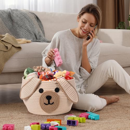 Image of Zopeal Dog Woven Basket Cute Woven Cotton Rope Puppy Animal Storage Basket for Laundry Toy Gift(Khaki,13 x 8 Inch)