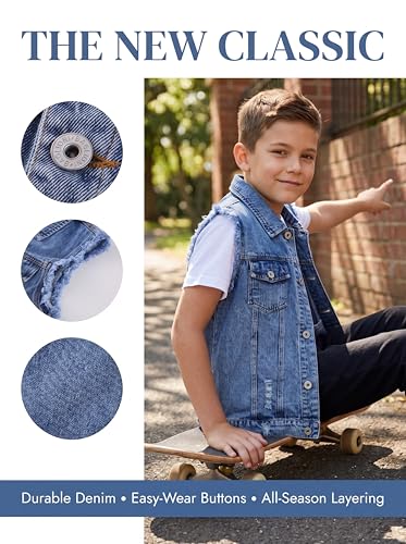 Image of Kids Biker Denim Vest Western Motorcycle Jean Jacket for Boys Girls 3-14Y