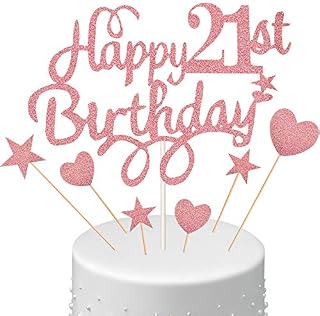 Boao 21st Birthday Cake Topper Set, Happy 21st Birthday Cake Topper with Heart Star Cupcake Cake Topper Picks Glitter Cake Decoration for Birthday Party Cake Supplies, Rose Gold
