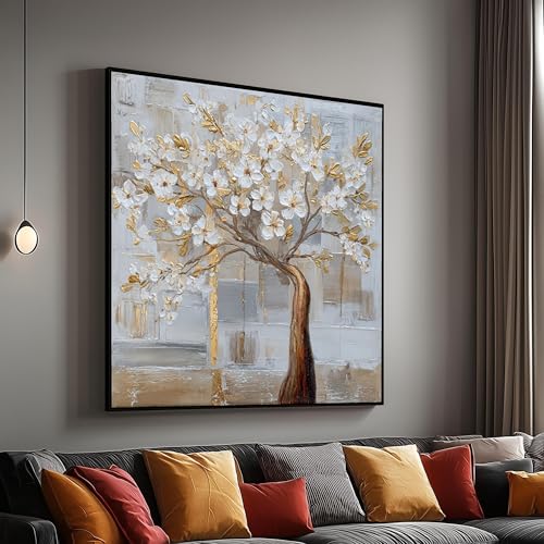 Toile arbre en fleurs blanches et peinture florale dorée pour salon moderne